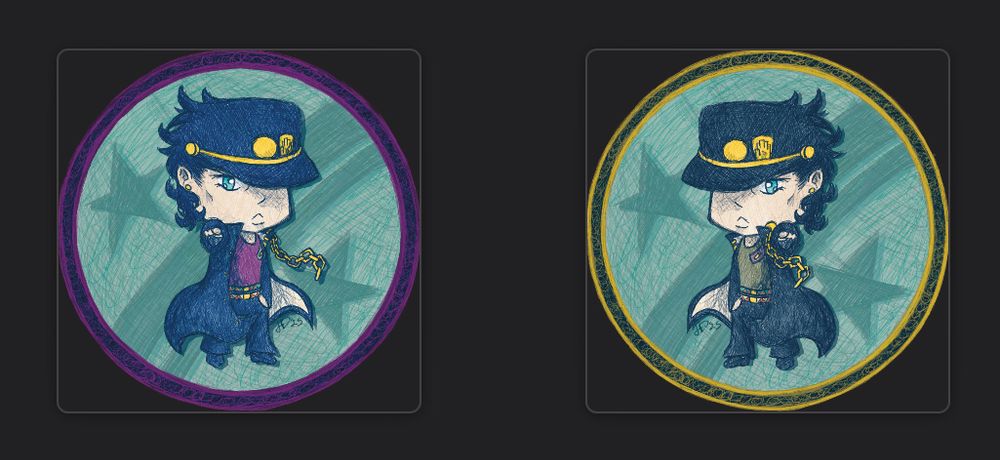 chibis of part 3 jotaro kujo. one with his anime palette and the other his manga palette. he’s pointing to the viewer with a serious look on his face. 