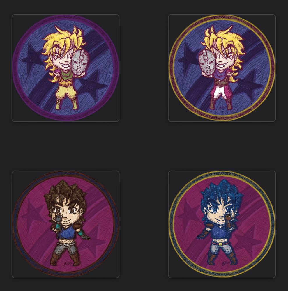 chibis of part 1 dio brando and jonathan joestar. they both have their anime palettes for one side, and their manga palettes for the other. 

dio is holding the stone mask near his face with his other hand reaching out to the viewer. he has a devilish smile on his face, exposing his sharp fangs. 

jonathan is striking one of his signature poses with his hand in front of his face and his legs kicked out to the side. he has a confident smile on his face. 