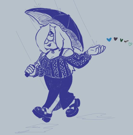 Drawing of a goth woman with stitches and heavy makeup, holding an umbrella. She has one hand out to feel for rain, and is looking up at the sky with a melancholy expression.
