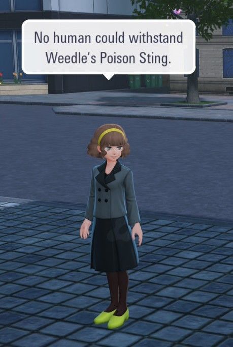 Woman from Pokemon Legends ZA saying "No human could withstand Weedle's Poison Sting."