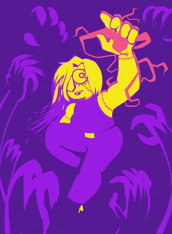 Drawing of a woman with heavy makeup and stitches. She is emerging from the darkness, from which many hands are also reaching out. Her hand reaching up is crackling with some kind of energy. Her stitches are the same colour as the energy.