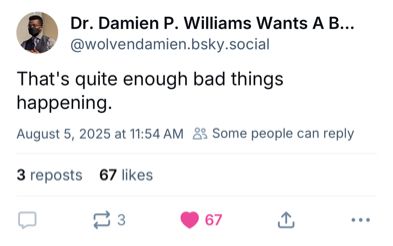 Dr. Damien P. Williams Wants A B...
@wolvendamien.bsky.social
That's quite enough bad things happening.
August 5, 2025 at 11:54 AM

3 reposts
67 likes
