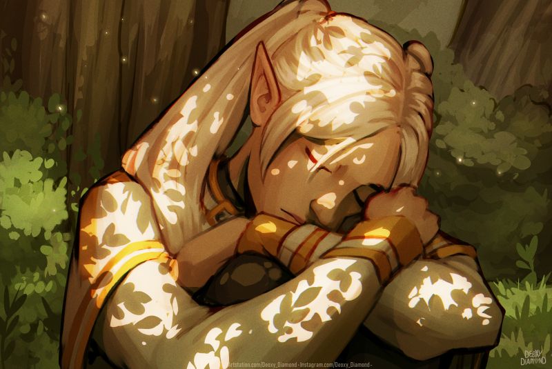Fanart do anime Sōsō no Frieren, elfa de cabelos brancos dorme encostada em uma árvore, iluminada por luz filtrada entre as folhas.