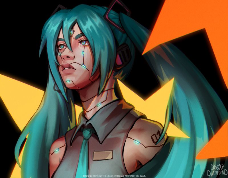 Ilustração de Hatsune Miku em estilo cyberpunk, com detalhes robóticos e fundo escuro com estrelas grandes amarelas e laranja