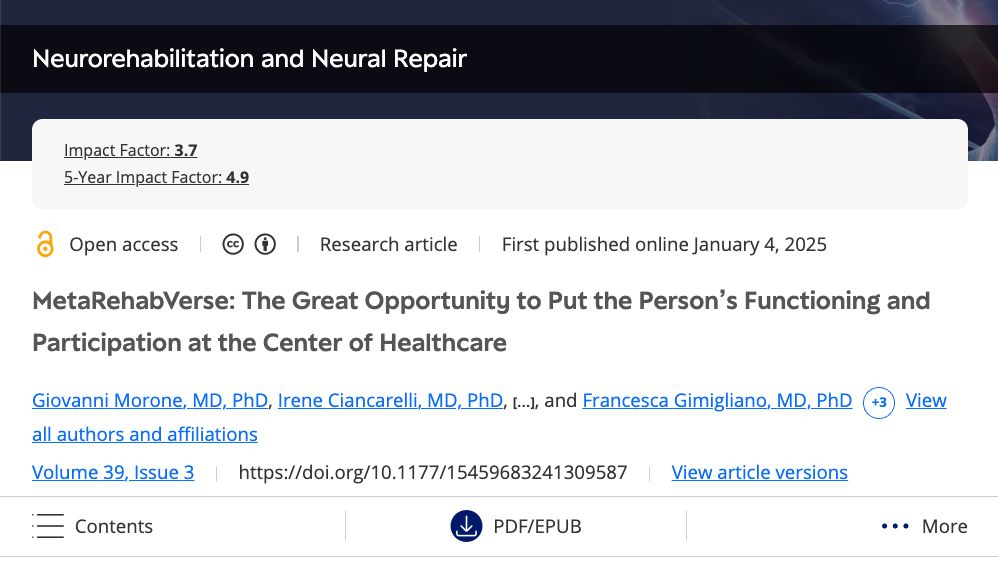 This image provides details about the paper linked in the post. It was published in the journal Neurorehabilitation and Neural Repair. The title of the article is "MetaRehabVerse: The Great Opportunity to Put the Person’s Functioning and Participation at the Center of Healthcare".