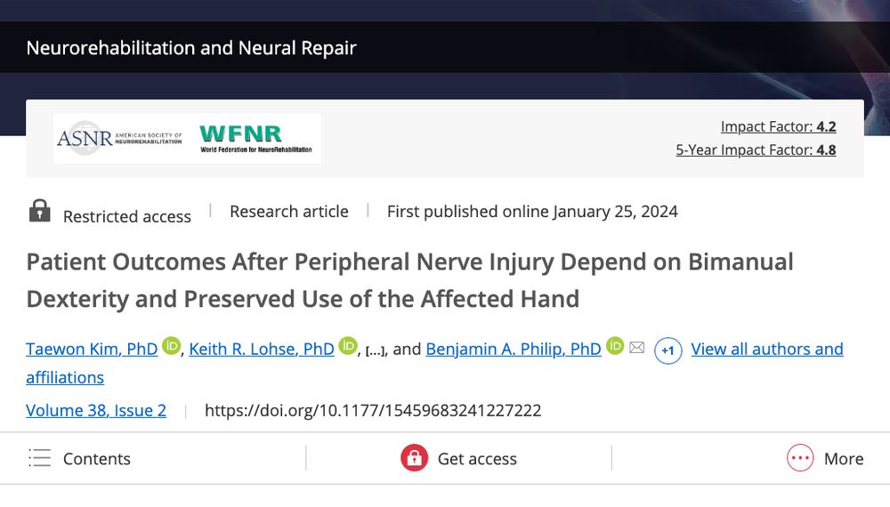 This image shows the details of the article linked in the post. It was published in the journal Neurorehabilitation and Neural Repair. The title is "Patient Outcomes After Peripheral Nerve Injury Depend on Bimanual Dexterity and Preserved Use of the Affected Hand". Other details about the article can be accessed via the link provided.