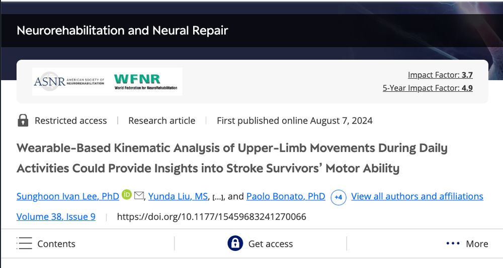 This image shows details about the article linked in the post. It was published in the journal Neurorehabilitation and Neural Repair. The title of the article is, "Wearable-Based Kinematic Analysis of Upper-Limb Movements During Daily Activities Could Provide Insights into Stroke Survivors' Motor Ability". More information can be accessed in the link provided. 