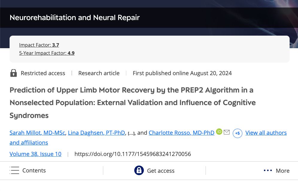 This image shows details about the article linked in the post. It was published in the journal Neurorehabilitation and Neural Repair. The title of the article is, "Prediction of Upper Limb Motor Recovery by the PREP2 Algorithm in a Nonselected Population: External Validation and Influence of Cognitive Syndromes". 