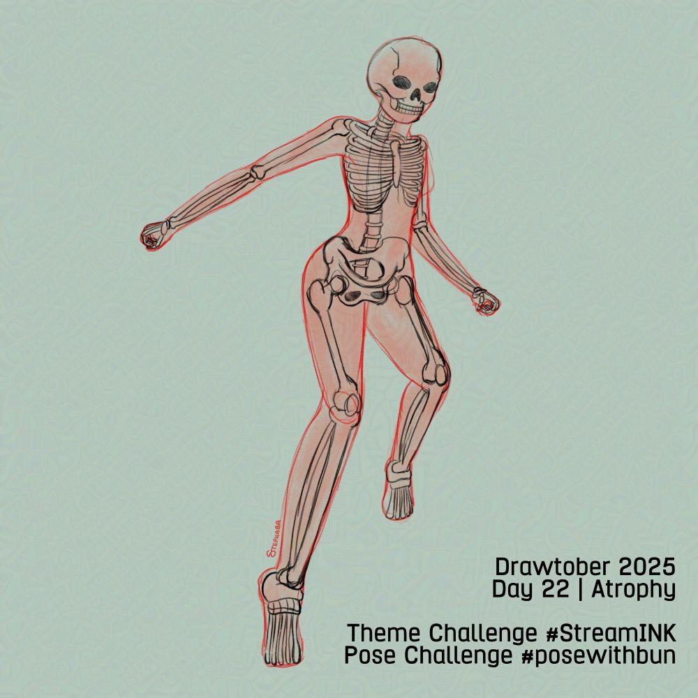 #Drawtober2025 Day 22 | Atrophy
Drawing of a skeleton hitting a pose with a red outline and shading to generally where muscle and skin would be.

Theme Challenge #streamINK from Cellybell
Pose Challenge #posewithbun
#art #wip #oc #artchallenge #challenge  #artprompt