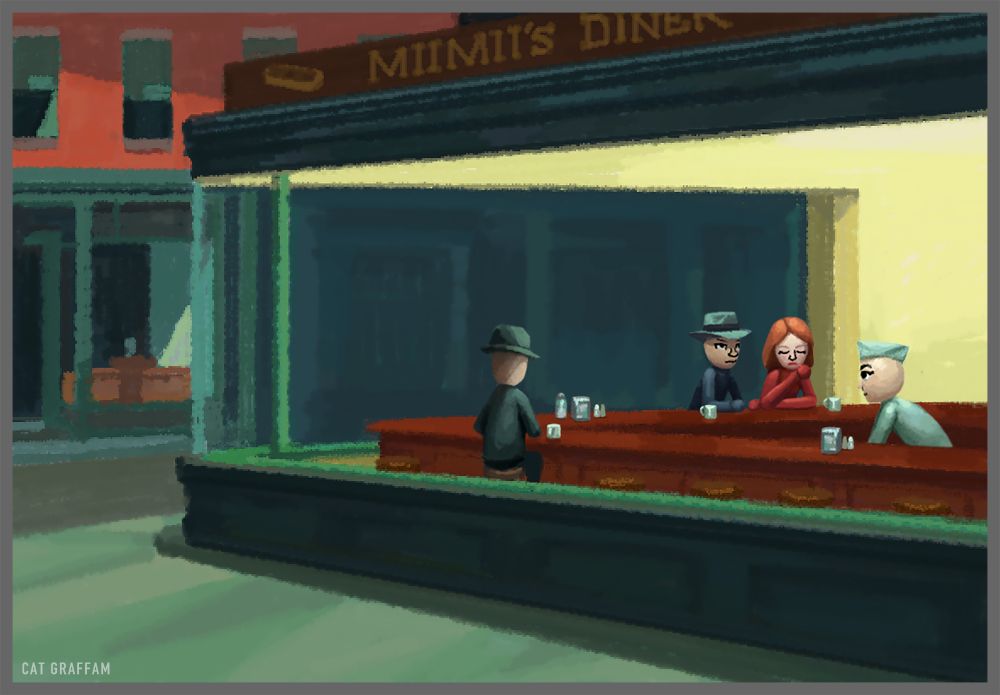 a digital recreation of edward hopper's "nighthawks" featuring four characters inside of a diner, all in the style of Nintendo Miis