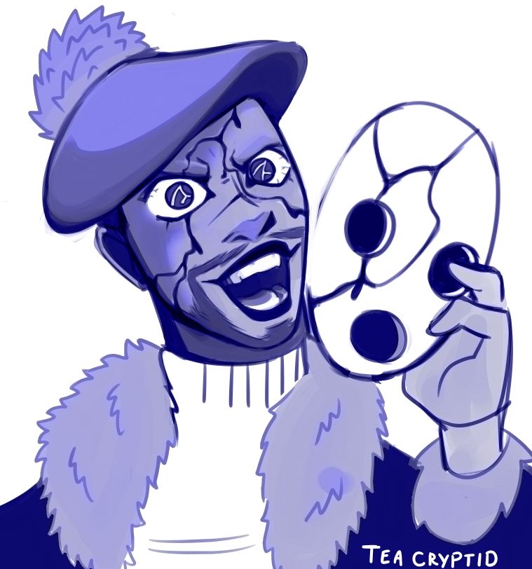 Ilustration of the human form of Pokotho, he is a man with cracks across his face that leak a blue goop, he has a short beard and a sinister smile, glaring at you with strange cracked pupils. He's holding a mask with cracks that also are leaking blue goop, he's wearing flamboyant theather clothing, a beret with plumes a turtleneck and a coat with fur trim.
