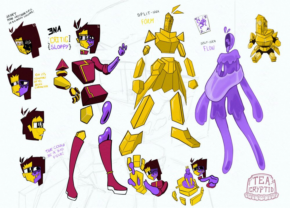 Split forms of each side as a standalone character Geometric Golden Knight with a little golden square house for a head. Purple Sticky-like goop humanoid with a bowl with eyes inside for a head. More doodles of the Ena-Sona.