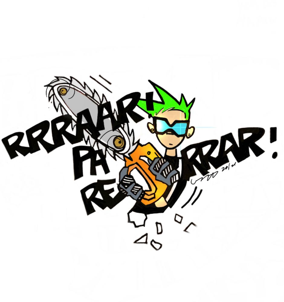 JoJo oc character green hair motocross goggles and gloves with chainsaw 