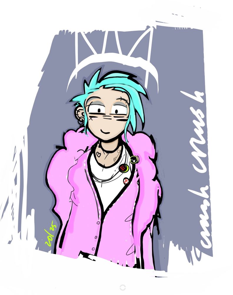April wearing pink cashmere blue hair necklaces and punk buttons