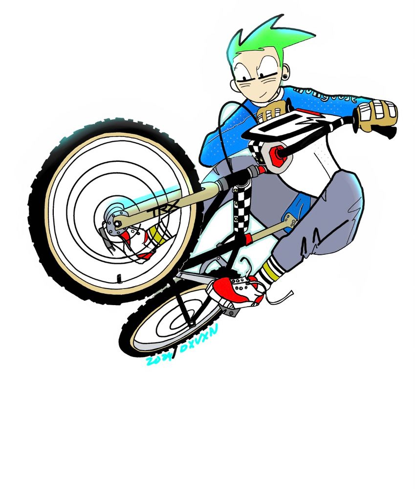 a fast kid punk on their black JAG BMX bike red Vans blue green hair and check racing pad set wearing white and blue Mongoose jersey 