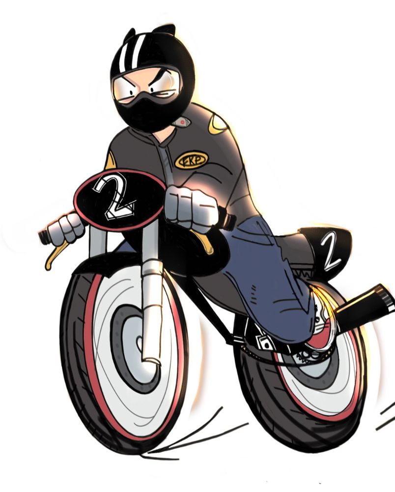 Cafe racer in black helmet black bike with race number 2 