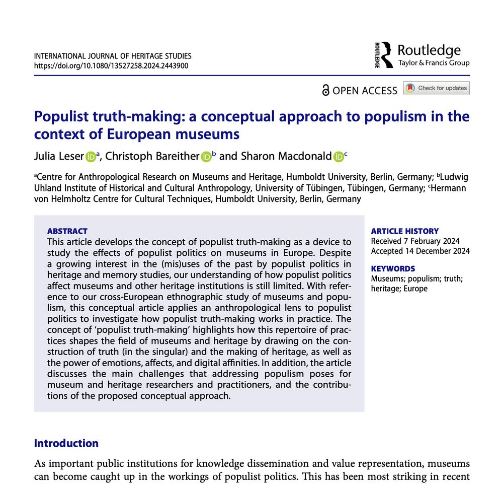 A screenshot of the paper titled "Populist truth-making: a conceptual approach to populism in the context of European museums" published in the International Journal of Heritage Studies.