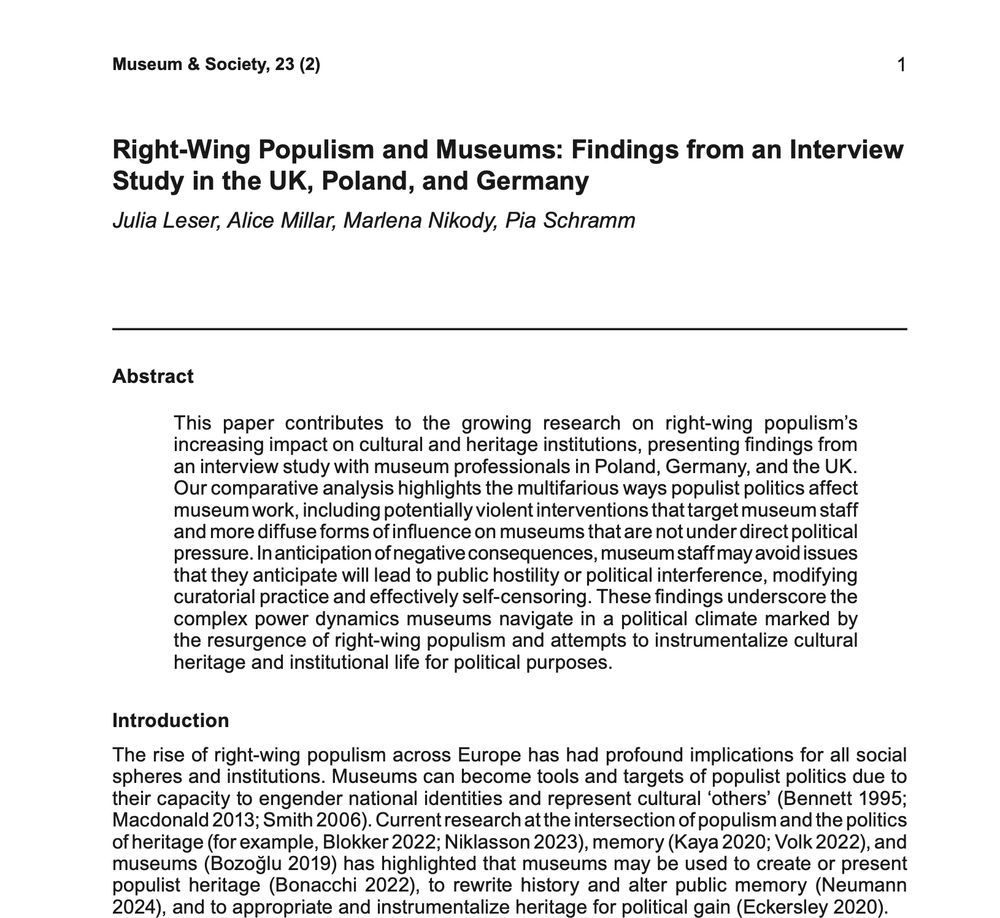 A screenshot of the first half page of the article titled "Right-Wing Populism and Museums: Findings from an Interview Study in the UK, Poland, and Germany" by authors Julia Leser, Alice Millar, Marlena Nikody and Pia Schramm. To be published in the journal Museum & Society.