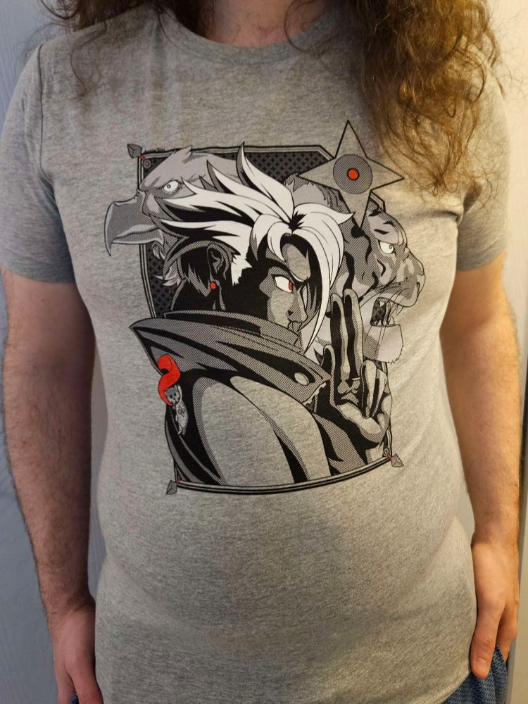 A gray shirt with Chipp from Guilty Gear illustrated on it.