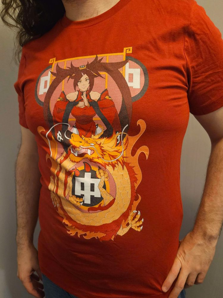 A red T-shirt with Jam Kuradoberi from Guilty Gear illustrated on it.