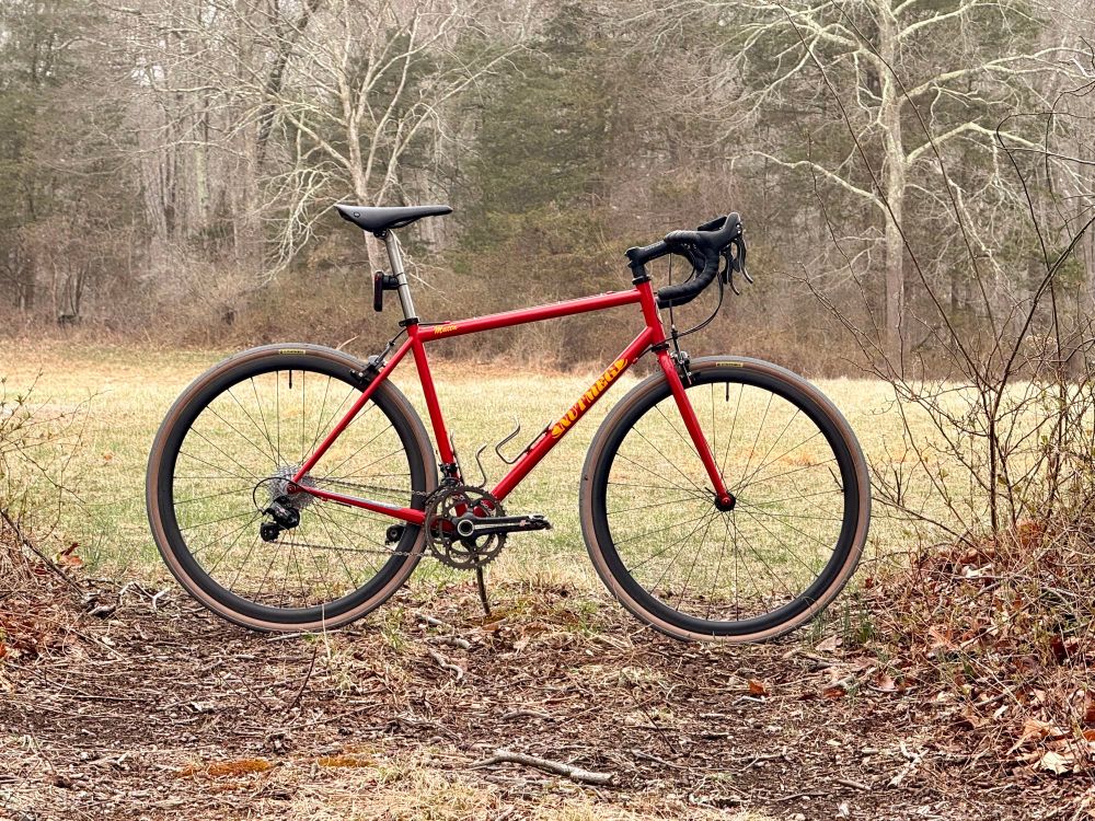 The photo shows a red drop-bar bicycle with the brand name “Nutmeg” in yellow letters on the downtube, positioned upright on a dirt path at the edge of a grassy clearing. The bike has a sleek, minimalist design with black handlebars, saddle, and tires. Leafless trees and a forested area fill the background, suggesting late fall or early spring. The overall scene is calm and natural, with earthy tones and soft, overcast lighting.