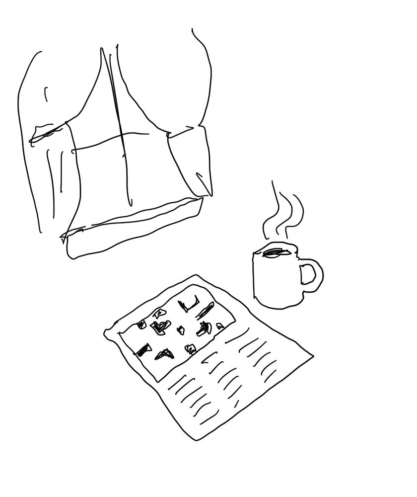 A simple line drawing showing a reading or working scene. The image includes three main elements:

1. A window in the upper portion of the image
2. A piece of paper with a crossword puzzle printed on it 
3. A steaming coffee cup indicated by wavy lines above it representing steam

The style is minimalist, using simple black lines to create a sketch-like illustration. The composition suggests someone might be taking a break to read or work while enjoying a hot beverage.​​​​​​​​​​​​​​​​