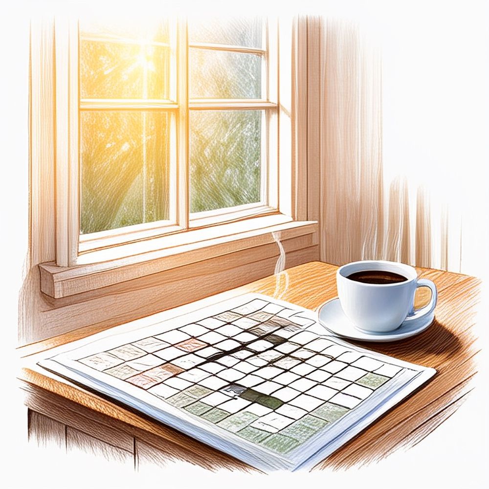 This is a warm, detailed illustration of a morning crossword puzzle scene. A white coffee cup and saucer with steaming hot coffee sits on a wooden table near a window. Next to it lies an open crossword puzzle book or newspaper section. The scene is illuminated by bright, golden sunlight streaming through a traditional paned window, creating a cozy atmosphere. The window has white trim and a wooden sill. The lighting casts soft shadows on the wooden table surface, and the overall color palette consists of warm browns, whites, and a gentle golden glow from the sunlight. The illustration style is refined and realistic, with careful attention to details like the wood grain of the table and the grid pattern of the crossword puzzle.​​​​​​​​​​​​​​​​ The puzzle is also steaming. 