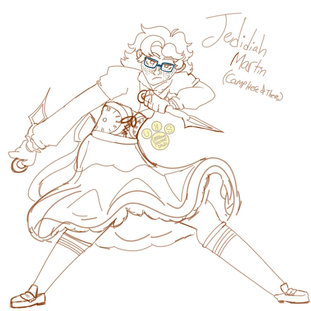 Jedidiah Martin from Camp Here & There as a magical girl dual wielding daggers that look like clock hands