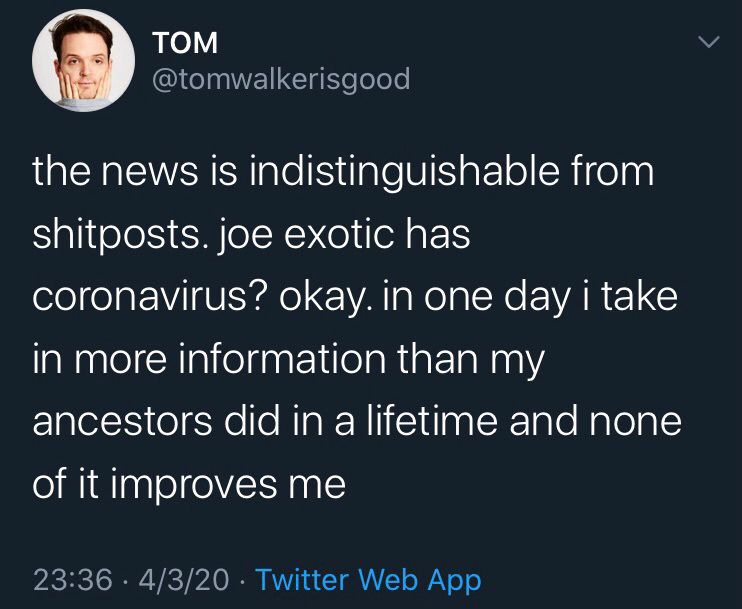 Screenshot of tweet from April 3, 2020 by @TomWalkerIsGood saying “the news is indistinguishable from shitposts. joe exotic has coronavirus? okay. in one day i take in more information than my ancestors did in a lifetime and none of it improves me”