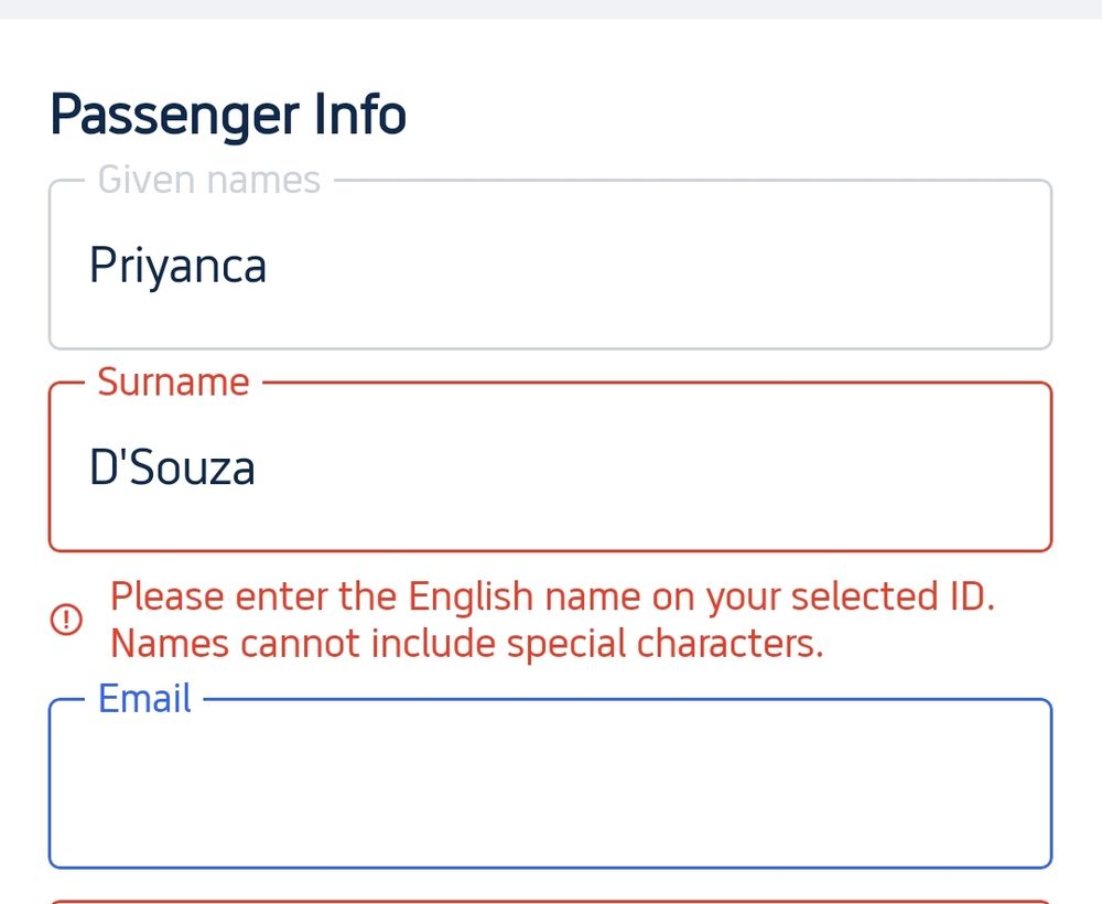 Photo of form fields in an online form purchasing a triangle ticket of  given name, then surname. Red text reads 'Please enter the English name on your selected ID. Names cannot include special characters' 