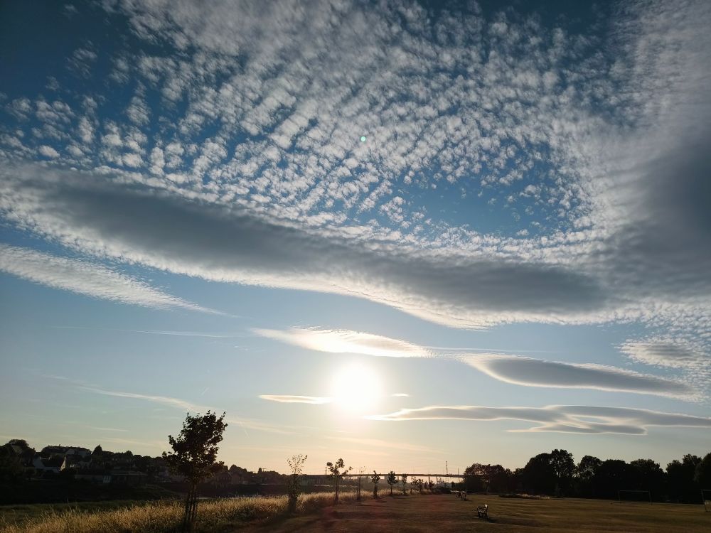 Photo of blue sky with wide expansive white clouds. Smattering of white clouds along with large extended orbs. Can see sun in the distance. The grass is dry