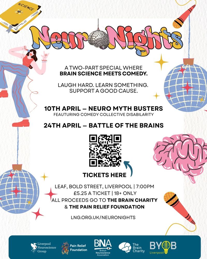 Neuronights flyer, featuring event logo and details of the 2 events on 10th & 24th April - more information available on the website. Design features brains and disco motifs.