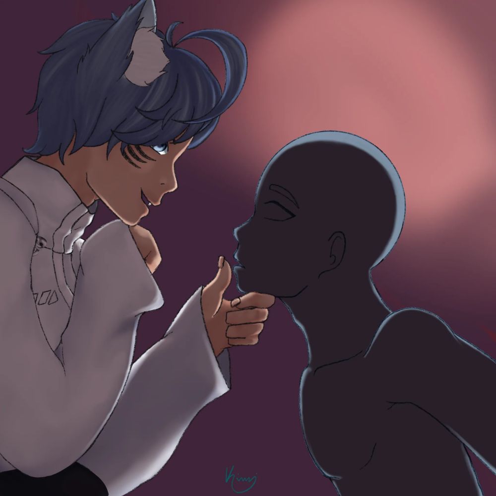 A moody and slightly suggestive artwork of a dominant man and submissive blank character. The blank character is tied back and pulling to reach the man. The man is crouched and holding the blank characters chin, smiling. 

The black character is a grey-blue. 

The man is half shark, smiling down at the blank character and has light sky-blue hair. He has blue eyes and black gills on his cheeks. He is resting his chin on his right wrist and holding the blank characters chin up with his left. He is wearing a white jacket with wide sleeves and a tall, wide neck. 