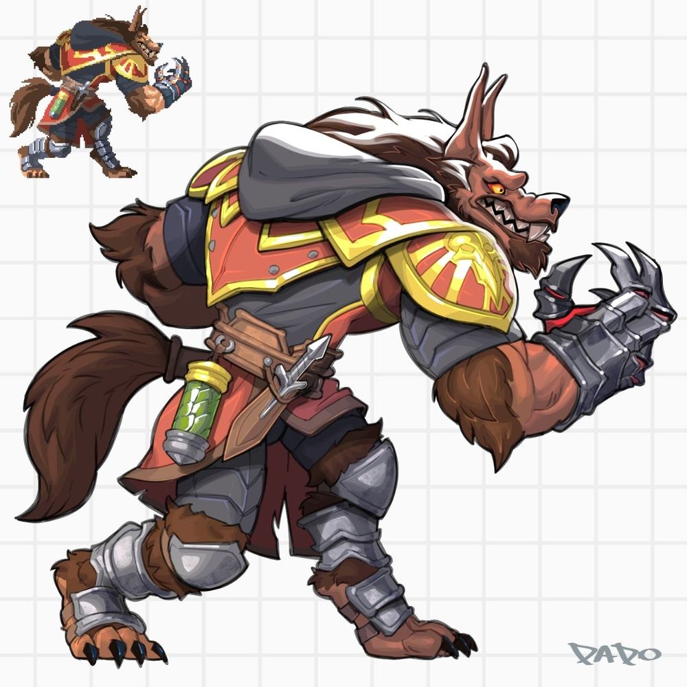 A werewolf mid-stride, walking to the right. He's got a claw-like metal gauntlet on his hand; he's wearing red leather armor with yellow trim. A green vial of potion hangs off his belt.