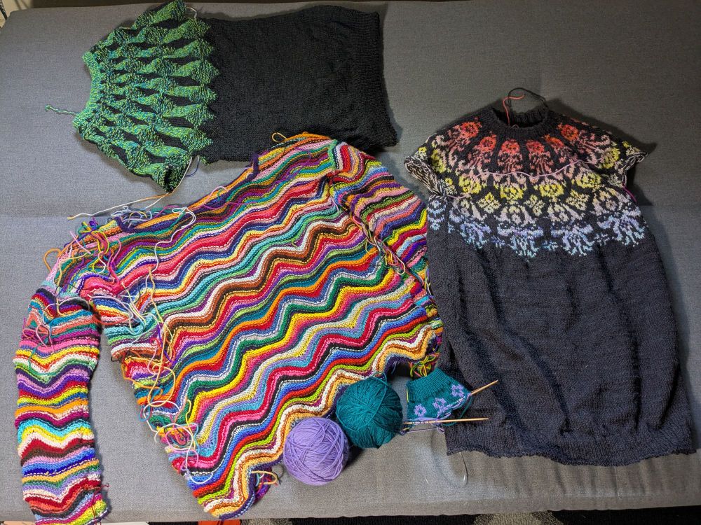 4 WIPs for what's on your needles week.  One shawl turned into sweater waiting to have the ends woven, 2 yoke sweaters awaiting sleeves and a sock because the other projects are not at fun stages 