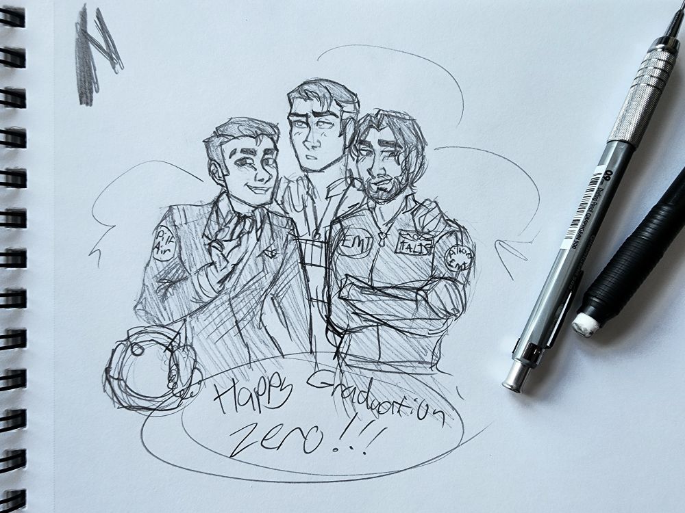 Three versions of Jayce giving well wishes. A younger Jayce Talis in a commercial pilot's uniform.  An older Jayce Talis in an EMT pilot's uniform. Jayce Giopara in a fighter pilot uniform. Drawn on paper with pencils present in frame. 