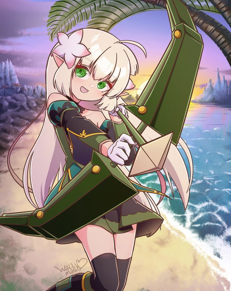 Anime style art of Lire Eryuell, a playable character from the online game Grand Chase Classic, in her Arch Ranger job. She is an elf girl with pointed ears, light long blonde hair, and green eyes. She wears a white flower accessory in both sides of her head, wears a detached sleeves green dress and black thighhighs. She holds a giant bow and arrow and points it towards the camera, smiling. The background is a beach sunset with pink and purple-ish sky. This art was made for @quietaria@retro.pizza
