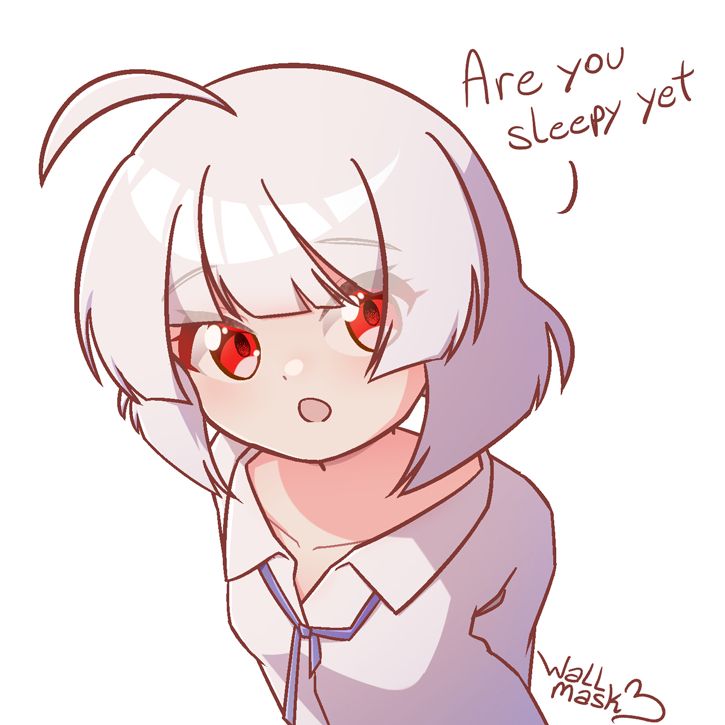 Anime style of a girl with bob cut white hair and red eyes. She asks the viewer "Are you sleep yet". The girl is my original character Ayu.