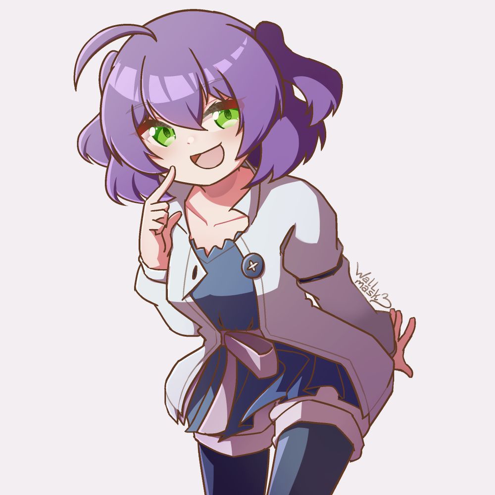 Anime style art of a girl with medium purple hair, half-up twin tails and ahoge. She has green eyes and is smiling with her mouth open. She wears an open light blue jacket, a navy color dress underneath, a light purple waist bow on the dress, light purple shorts and black pantyhose. The girl points at her own cheek, and her other hand is stretched behind her. She is leaning towards the viewer. The girl is Purple Ayu, my original character.