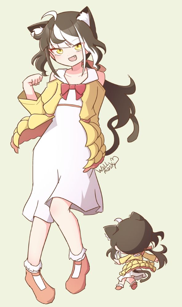 A digital drawing showing a girl depicted in a regular anime style in full body, and to her side, a chibi proportions showing her back. The girl is a cat girl with black cat ears and tail, long multicolored black and white hair, tied in a low ponytail. She has yellow eyes, human ears in addition to her cat ears, and wears a white dress with a yellow jacket over it. The girl is my original character Koro.