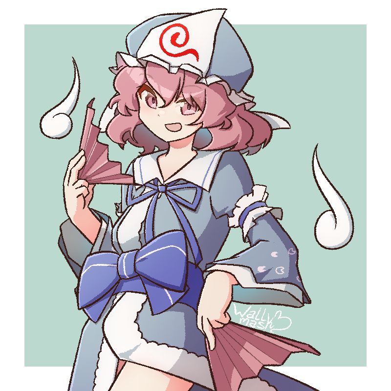 Anime style art of a girl with short, wavy pink hair, pink eyes, wearing a blue and white kimono and a blue cap. She holds pink paper fans in each hand. The character is Saigyouji Yuyuko, a ghost character from the Touhou series.