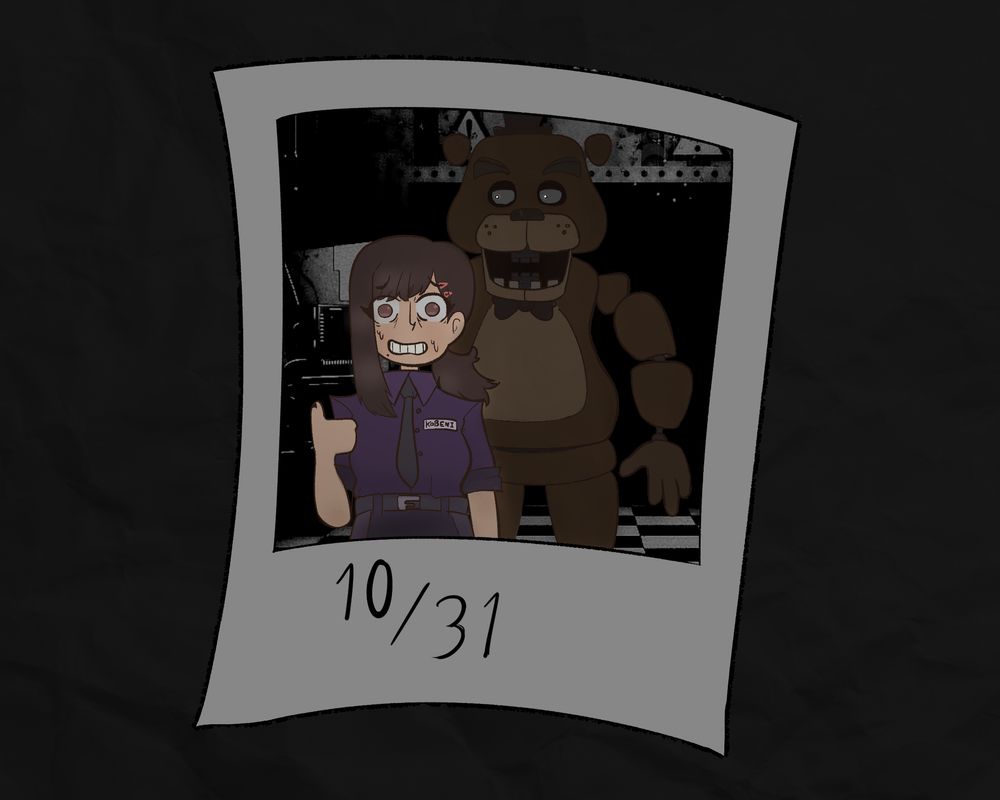 Kobeni Higashiyama nervously posing for a Polaroid photograph beside an animation of Freddy Fazbear from the Five Night's at Freddy's game series. 