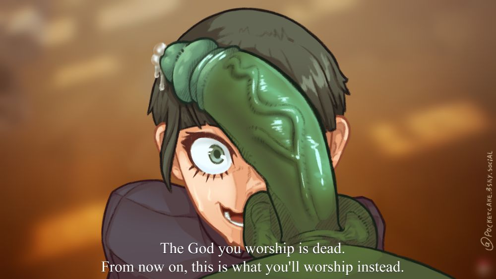 Shin Megami Tensei V's protagonist looking up in shock while a massive green cock rests on his face. The text says "The God you worship is dead. From now on, this is what you'll worship instead." in reference to one of the game's trailers.