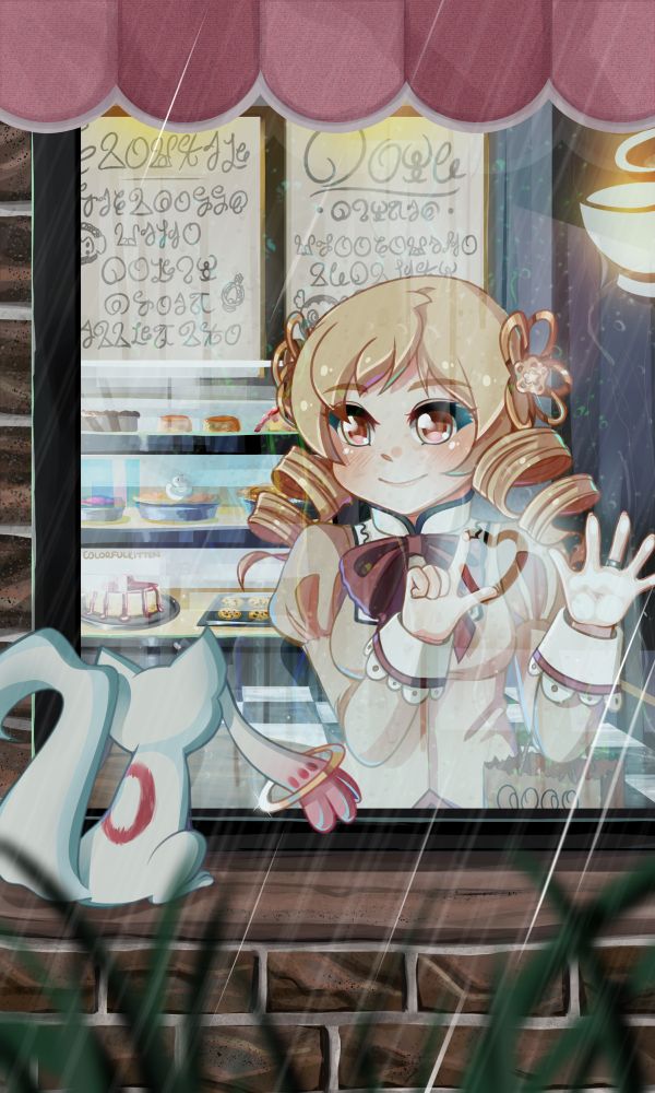 Mami Tomoe from Madoka Magica inside of a café looking out the window at Kyubey in the rain. Mami is holding a paper bag on her arm and wearing her school uniform. She is also making a heart shape in the fog on the glass with her finger. There are cakes and a menu written in witch runes behind her in the café. 