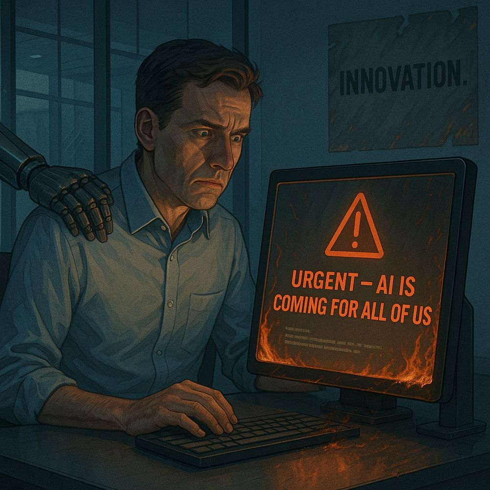 A man at a desk using a computer with a warning on screen reading "URGENT - AI IS COMING FOR ALL OF US"; a robotic hand rests on his shoulder, and a wall sign says "INNOVATION."