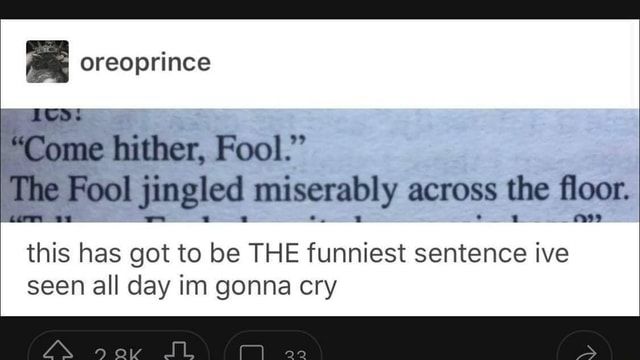 oreoprince, posting on tumblr a photo of two lines in a book. The lines read: 

"Come hither, Fool."
The Fool jingled miserably across the floor. 

Then the comment: this has got to be THE funniest sentence ive seen all day im gonna cry
AsorJ