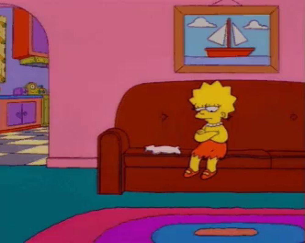 a cartoon of lisa simpson sitting on a couch in front of a picture of a sailboat