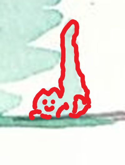 Pale green crouching cat, with its long tail sticking playfully straight up, outlined crudely in red. The detail is from the right side of LK's original post.