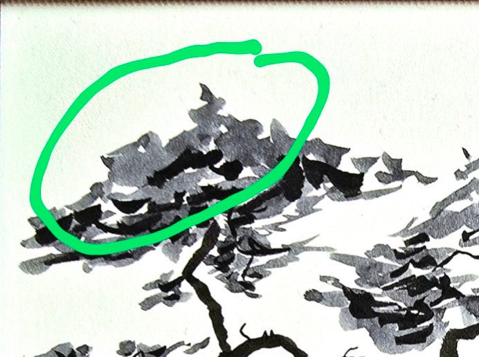 Close-up of LK's samurai painting, focusing on a bunch of leaves near the top of a tree. If you squint your eyes just right, you can convince yourself that they resemble the ears and tail of a cat. A hand-drawn green loop highlights this formation.

The ears and tail of the cat LK intentionally put in the image can coincidentally also be seen in the branch at the bottom center.