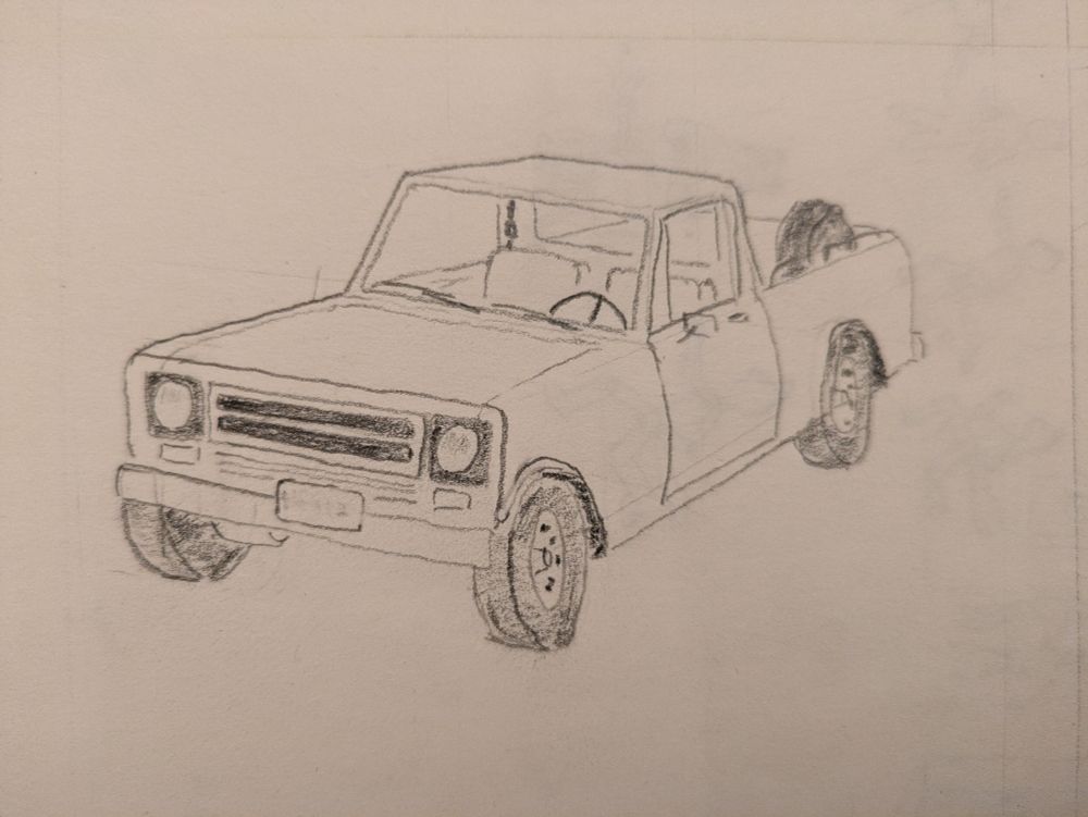 Front three-quarters view of a 1978 IH Scout pickup. It's a simple black and white line drawing of the truck floating in the void. A spare tire is visible in the bed, on the driver's side.